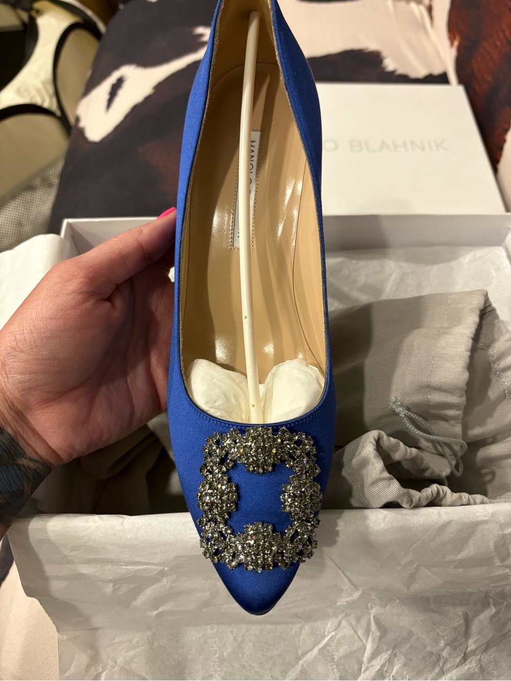 Manolo Blahnik Blue Satin Hangisi Shoe Box Label